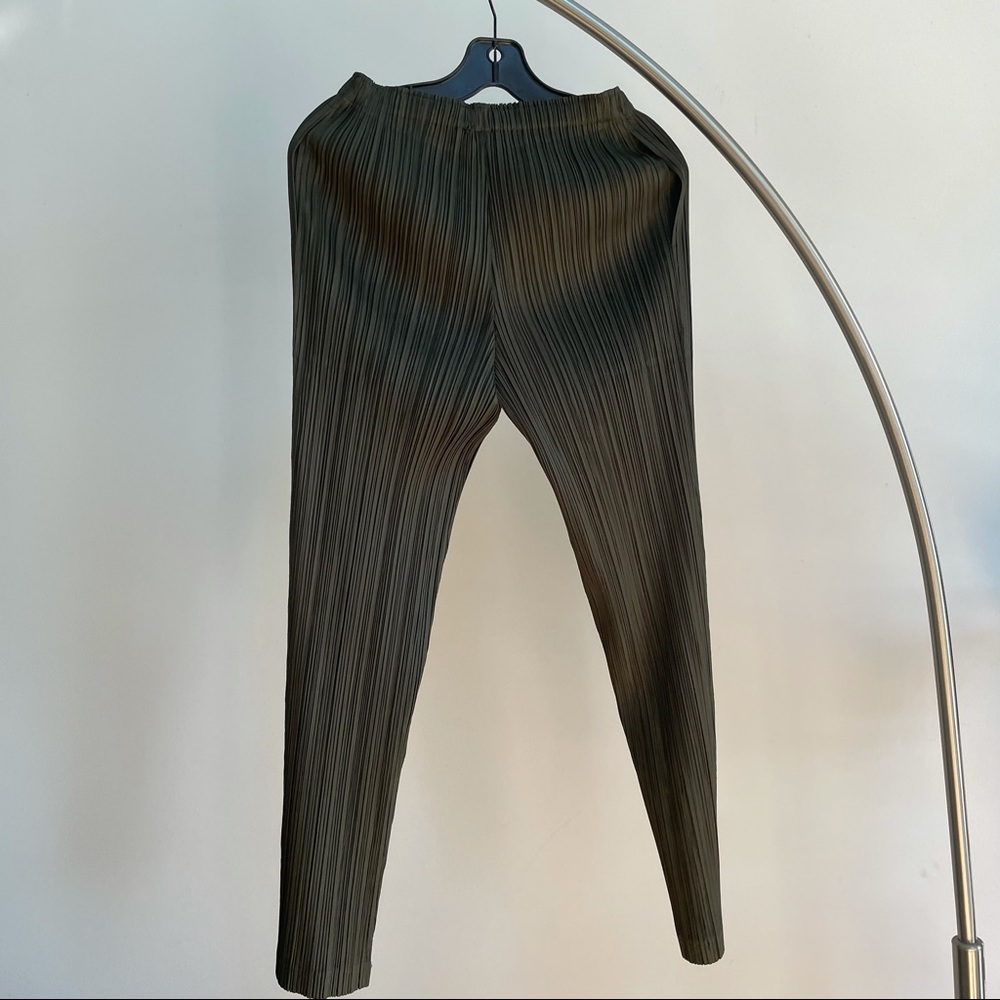 Pleats Please Issey Miyake Olive Green Taper Pants